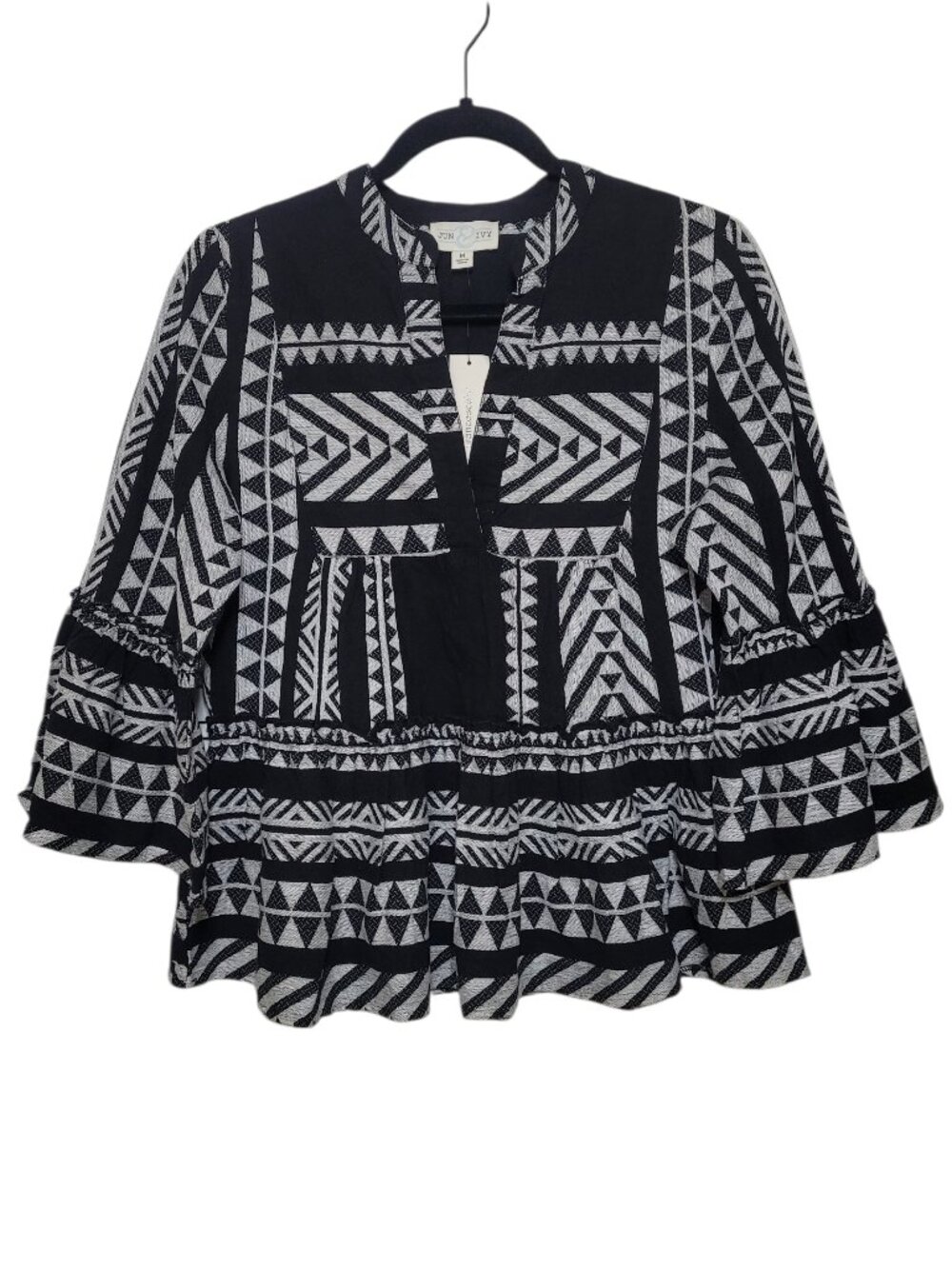 June & Ivy Boho Geometric Peplum Top Bell Sleeve Blouse Black White Medium